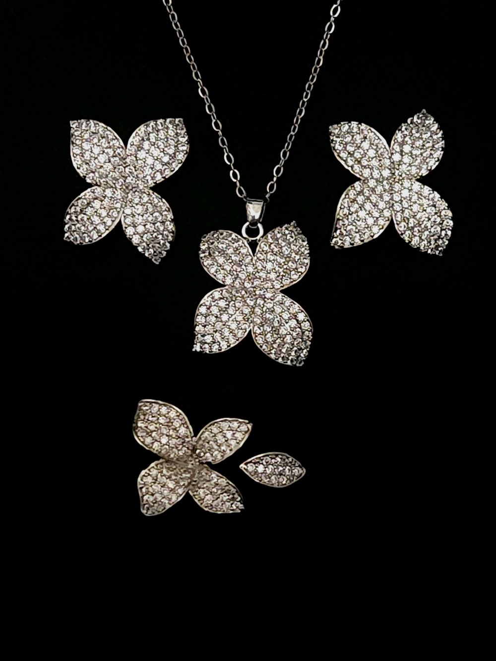 White Gold Toned Floral Jewelry Set